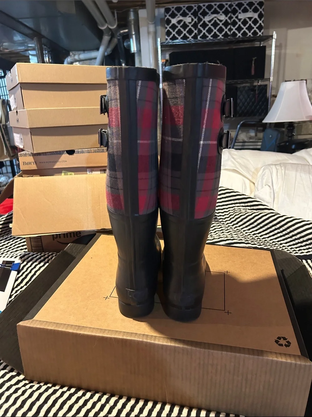 UGG Women's Black Rubber & Red Plaid Tall Rain Boots with Buckles
